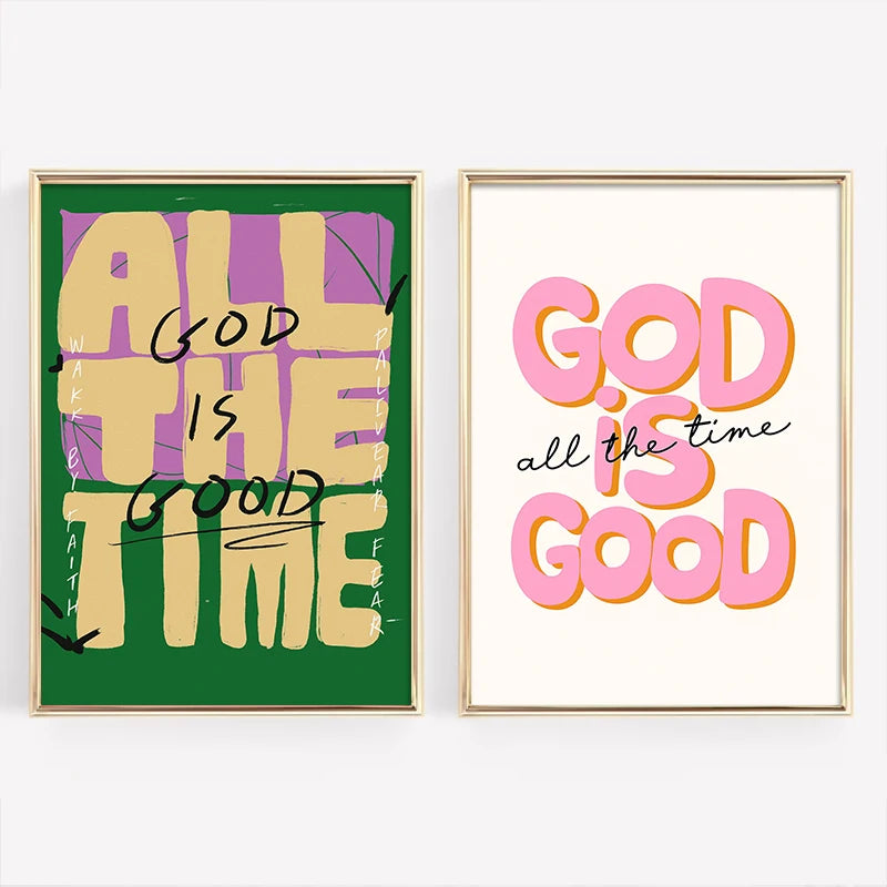 Two framed canvas prints featuring inspirational quotes in purple and pink text on a green background