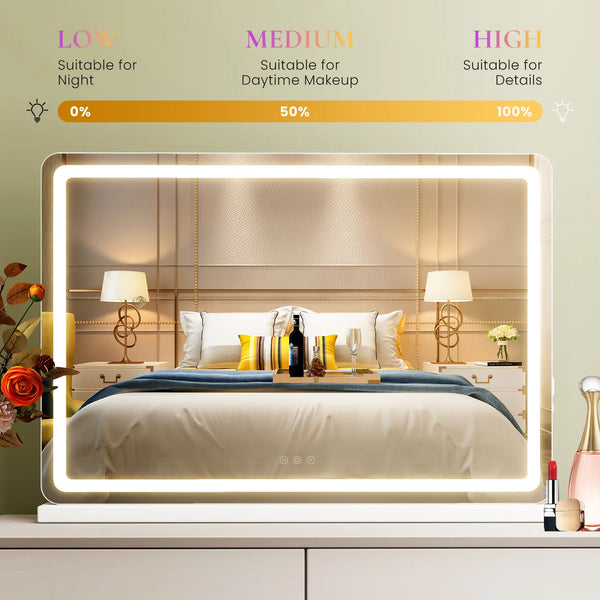 An adjustable LED vanity mirror illuminating a bedroom setting with light intensity indicators.