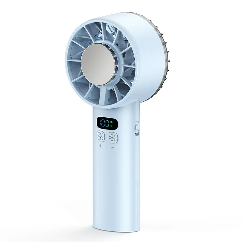 A white ice compress fan with a circular grille and control buttons.