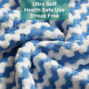 Close-up of a blue and white microfiber cleaning cloth fabric with a soft, textured appearance.