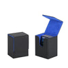 A black PU leather magnetic card deck box with a blue interior lining and an open lid.