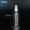A clear glass spray bottle with a white pump dispenser, labeled 100ML and measuring 14.3cm tall.