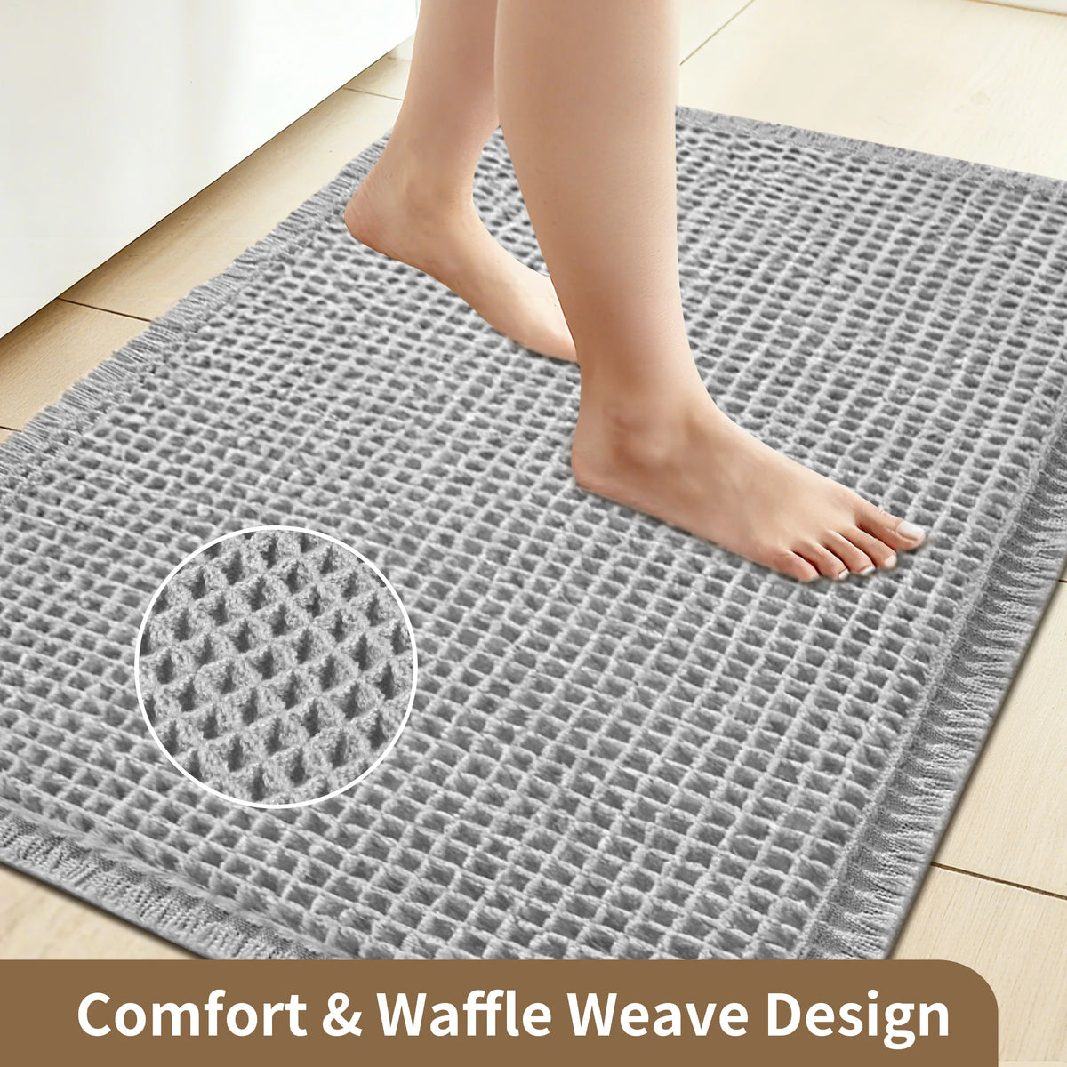 A gray waffle weave non-slip bathroom rug with a bare foot resting on it.
