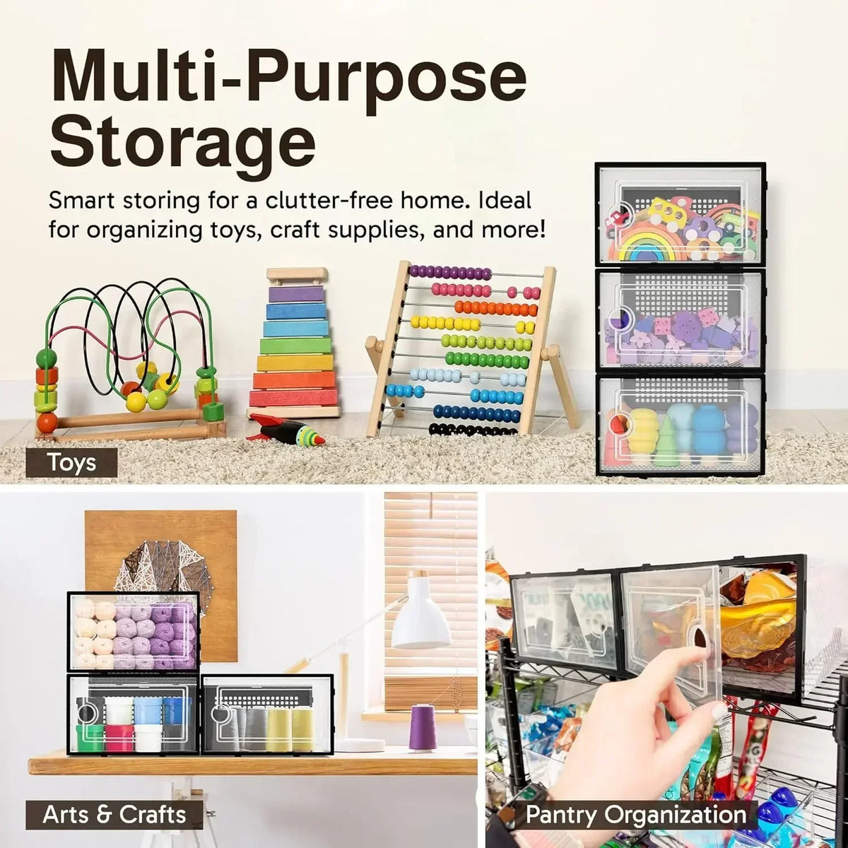 A set of 12 stackable clear plastic shoe storage boxes with front doors for multi-purpose storage.