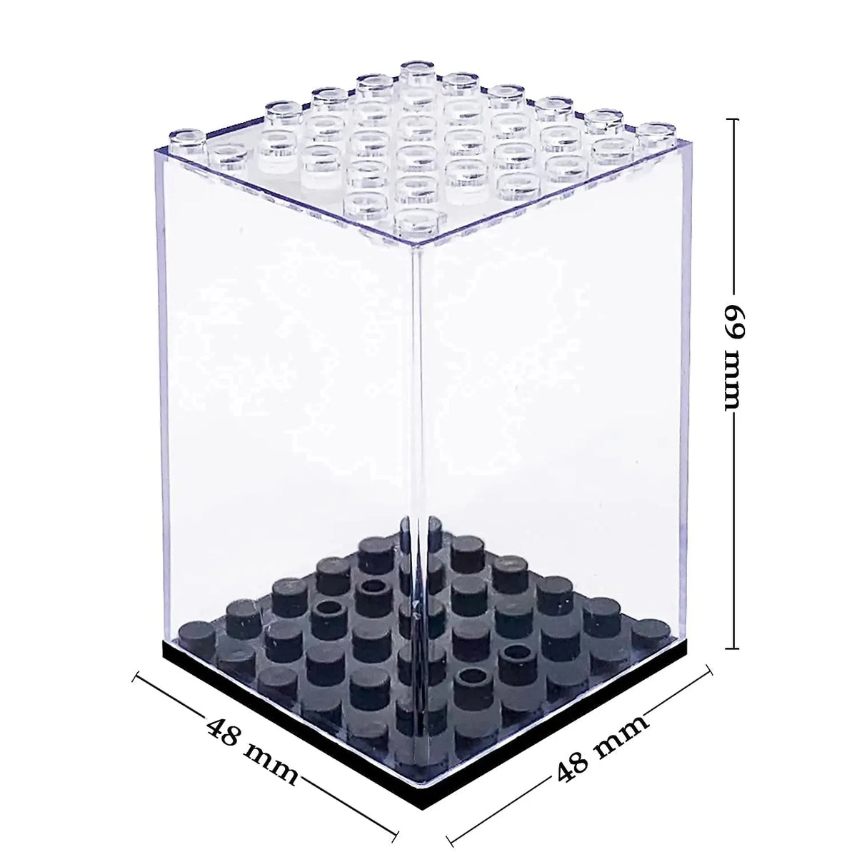 Clear dustproof display case with a square base and a lid holding numerous small cylindrical compartments.
