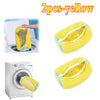 Two yellow laundry bags for shoes shown in context with a washing machine.