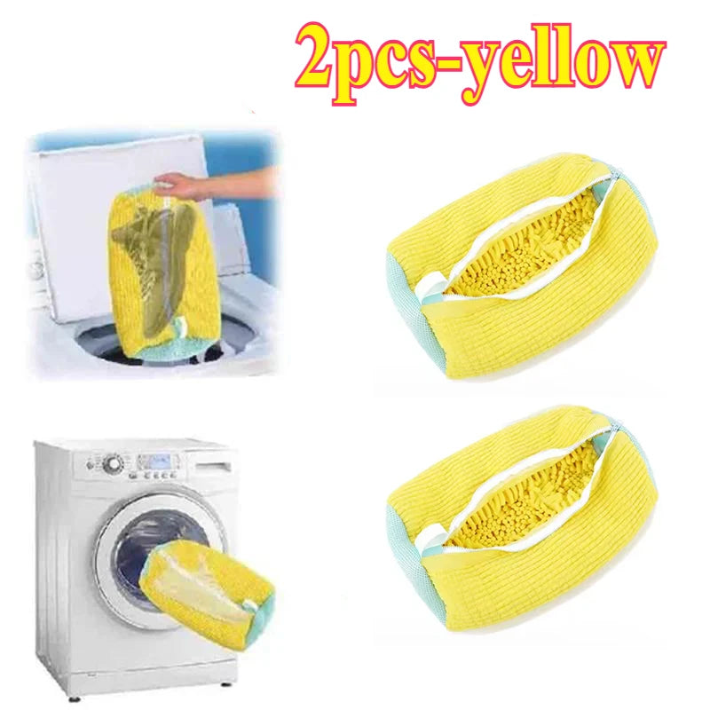 Two yellow laundry bags for shoes shown in context with a washing machine.