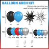 Balloon arch kit showing various colored balloons including blue, red, and black in different sizes