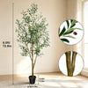 Artificial indoor olive tree with green leaves and small fruit in a black pot.