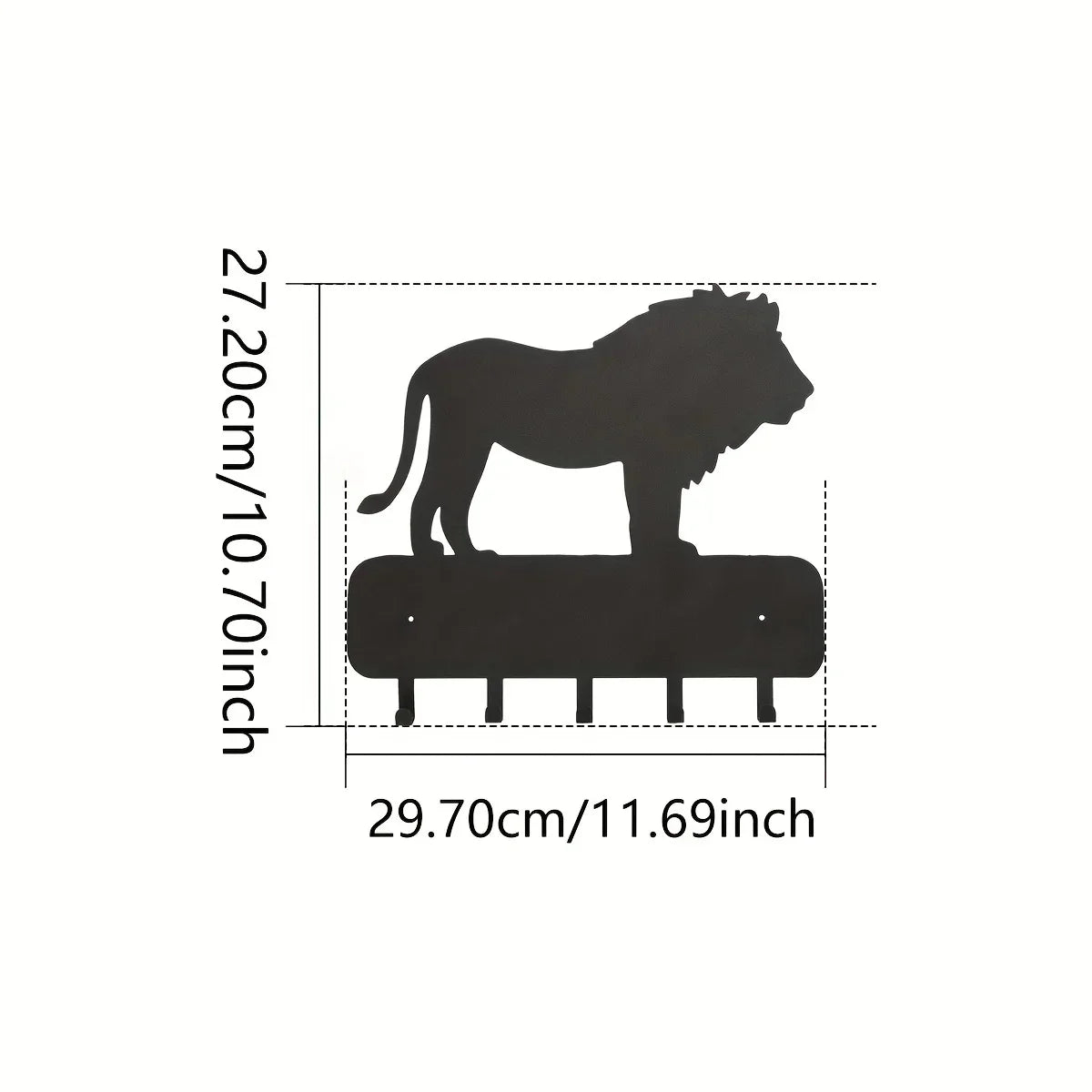 Black decorative metal key holder rack with hooks featuring a silhouette of a lion.
