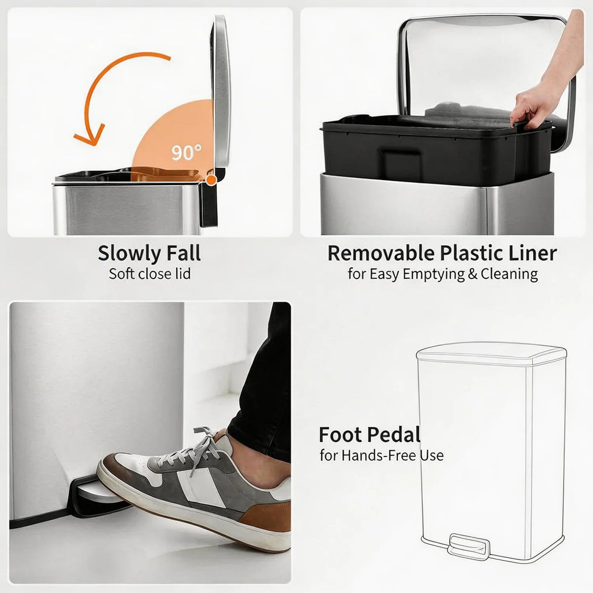 Stainless steel pedal trash bin showing features like a soft close lid, removable plastic liner, and foot pedal for hands-fre