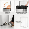 Stainless steel pedal trash bin showing features like a soft close lid, removable plastic liner, and foot pedal for hands-fre