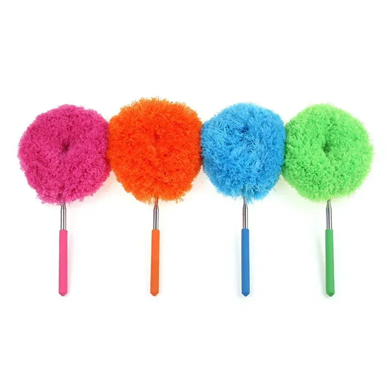 A set of five brightly colored extendable microfiber duster puffs in pink, orange, blue, and green.