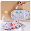 A white mesh laundry bag with a handle is shown in various views, including a hand holding it and the bag laid flat.