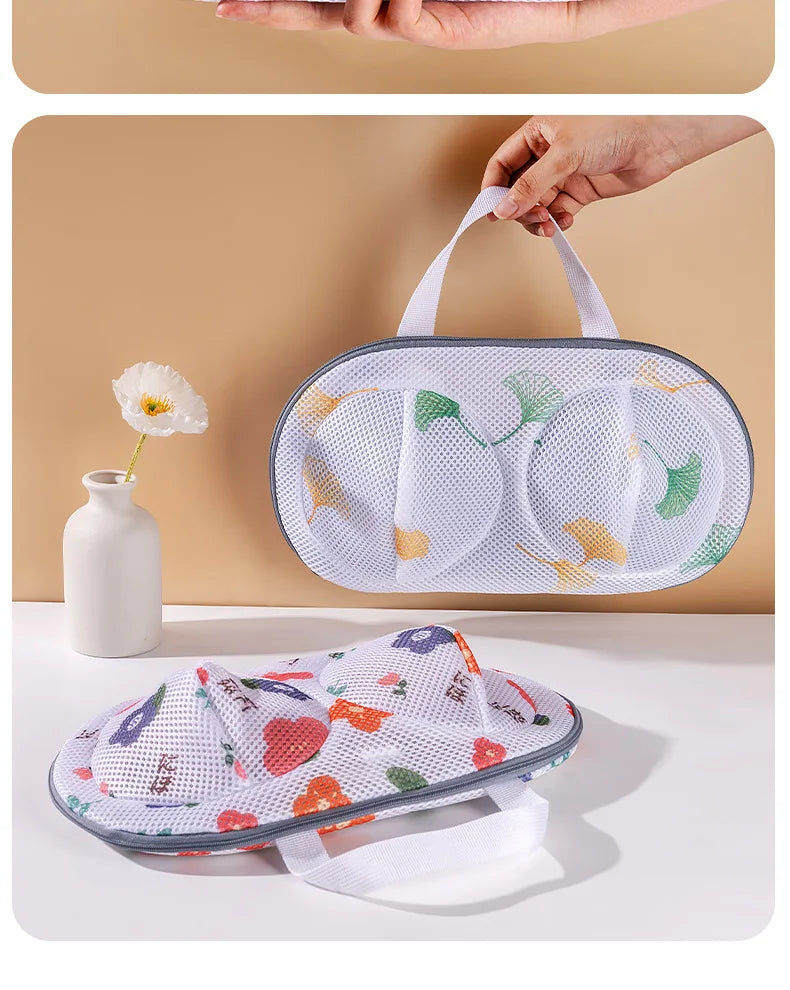 A white mesh laundry bag with a handle is shown in various views, including a hand holding it and the bag laid flat.