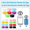 Assortment of 8 pack and 16 pack protective flexible vial caps in various colors for liquid storage vials