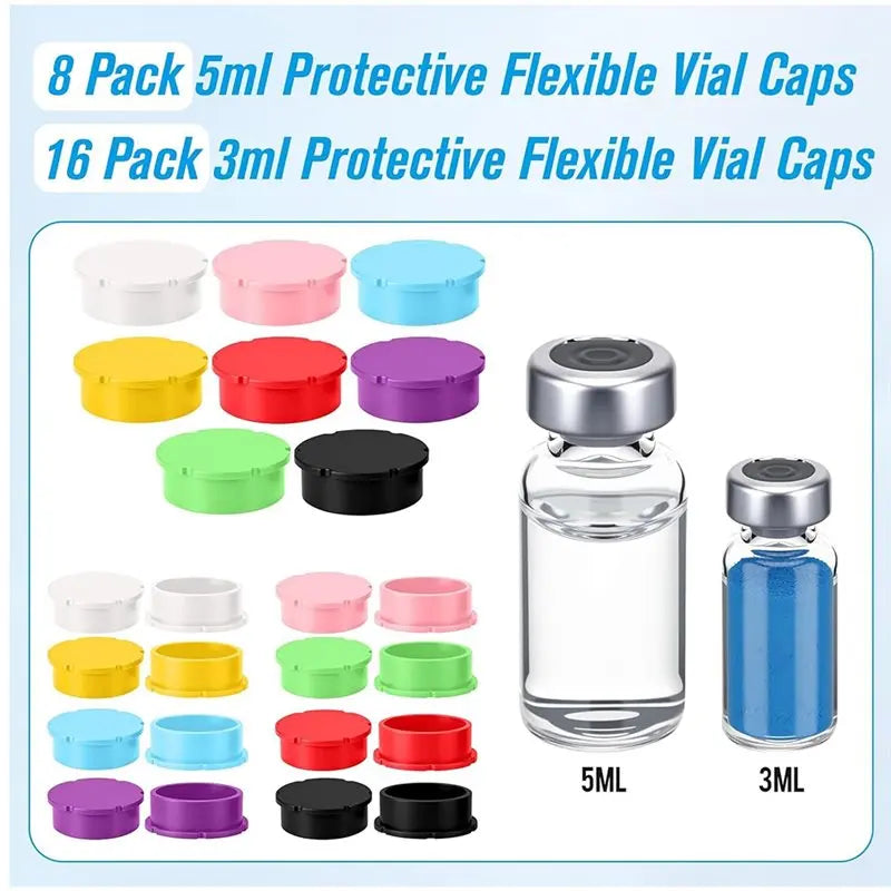 Assortment of 8 pack and 16 pack protective flexible vial caps in various colors for liquid storage vials