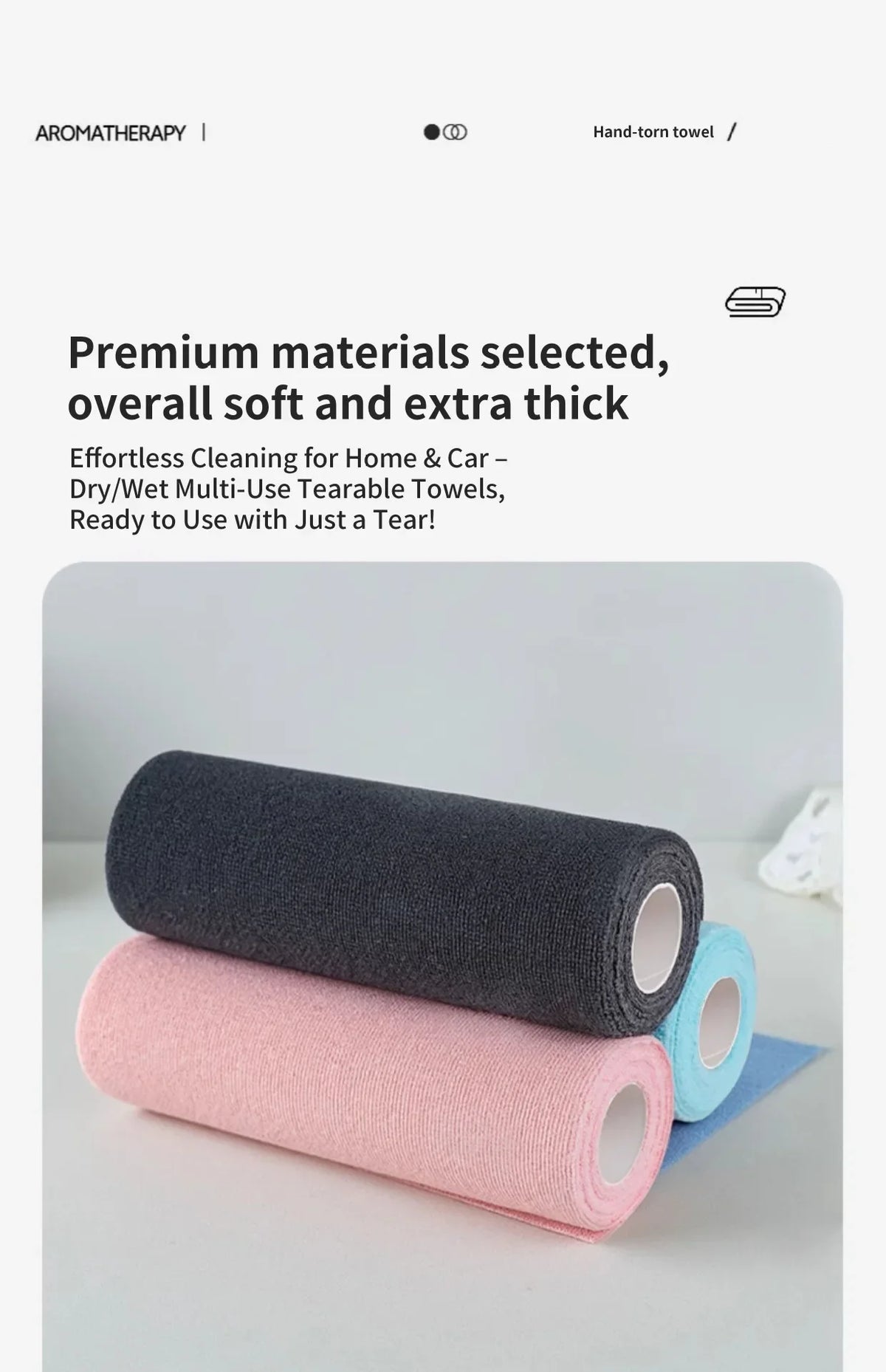 A stack of thick, tearable microfiber cleaning towels in gray and pink colors.