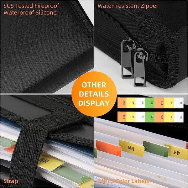 Black fireproof silicone zipper pouch with a water-resistant zipper and black strap for organizing files.