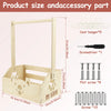 A wooden storage crate organizer with various accessory parts like hangers, screwdrivers, and screws.