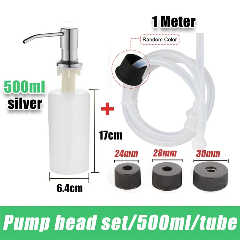 A white pump head set with a silver 500ml liquid soap dispenser and clear tubing.
