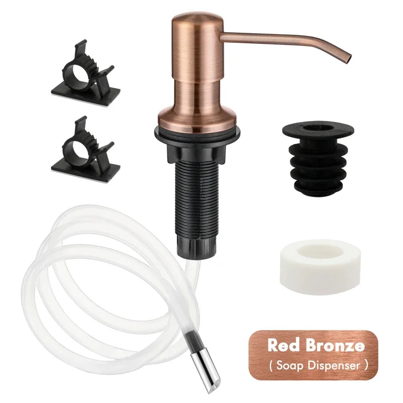 A stainless steel liquid soap dispenser featuring a pump mechanism and an extension tube for dispensing soap.
