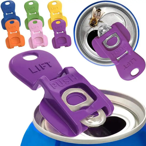 Purple easy tab opener tool shown next to an open can and a small insect