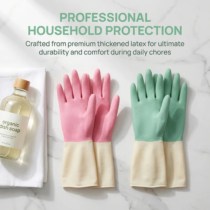 Un juego de guantes de protección domésticos de látex rosa y verde exhibidos sobre una superficie blanca.