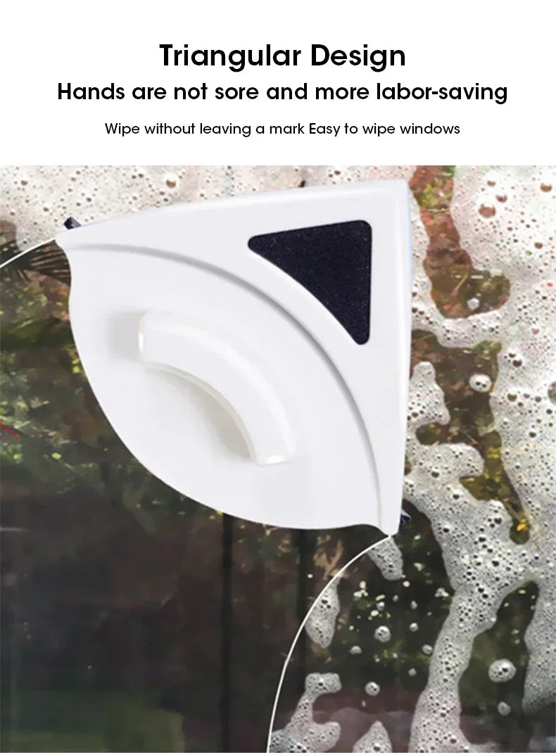 A white triangular window cleaner is shown wiping a dirty window surface.