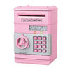 A pink electronic password piggy bank for kids with a numeric keypad and capacity options.