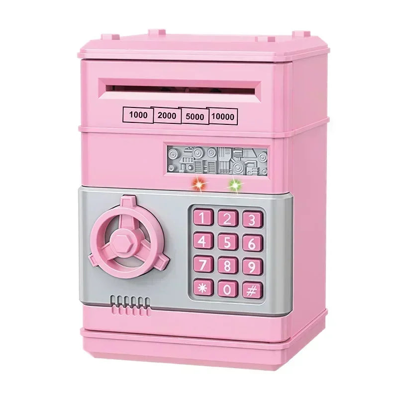 A pink electronic password piggy bank for kids with a numeric keypad and capacity options.