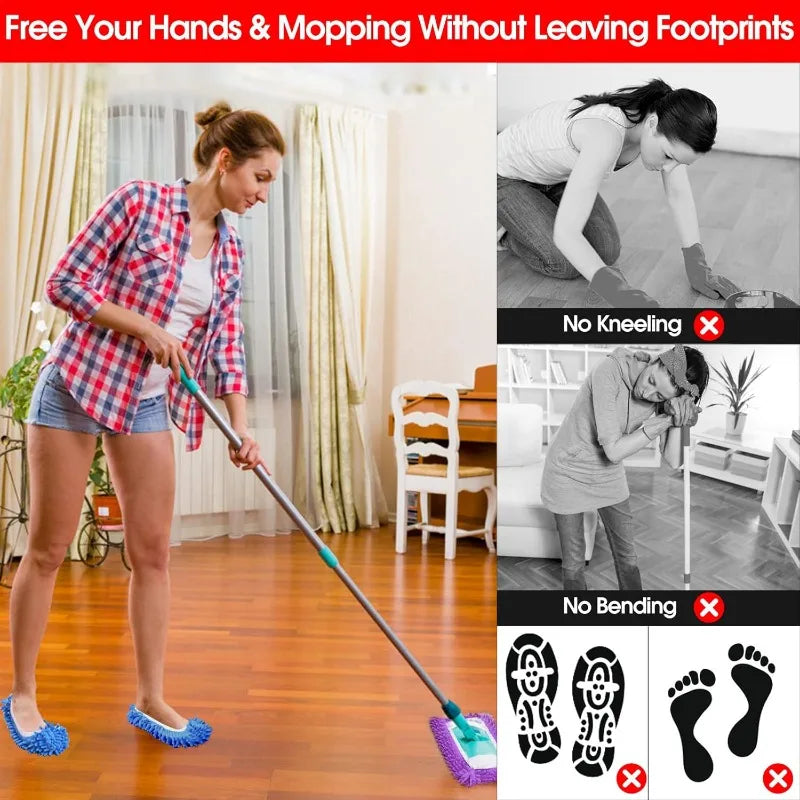 A woman uses a mop and dust-absorbing slippers to clean a wooden floor without leaving footprints.