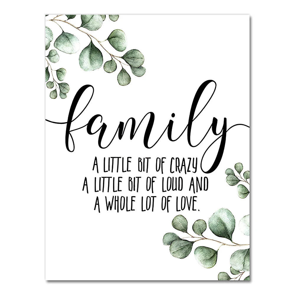 A canvas art print featuring a quote about family surrounded by green leaves and branches.