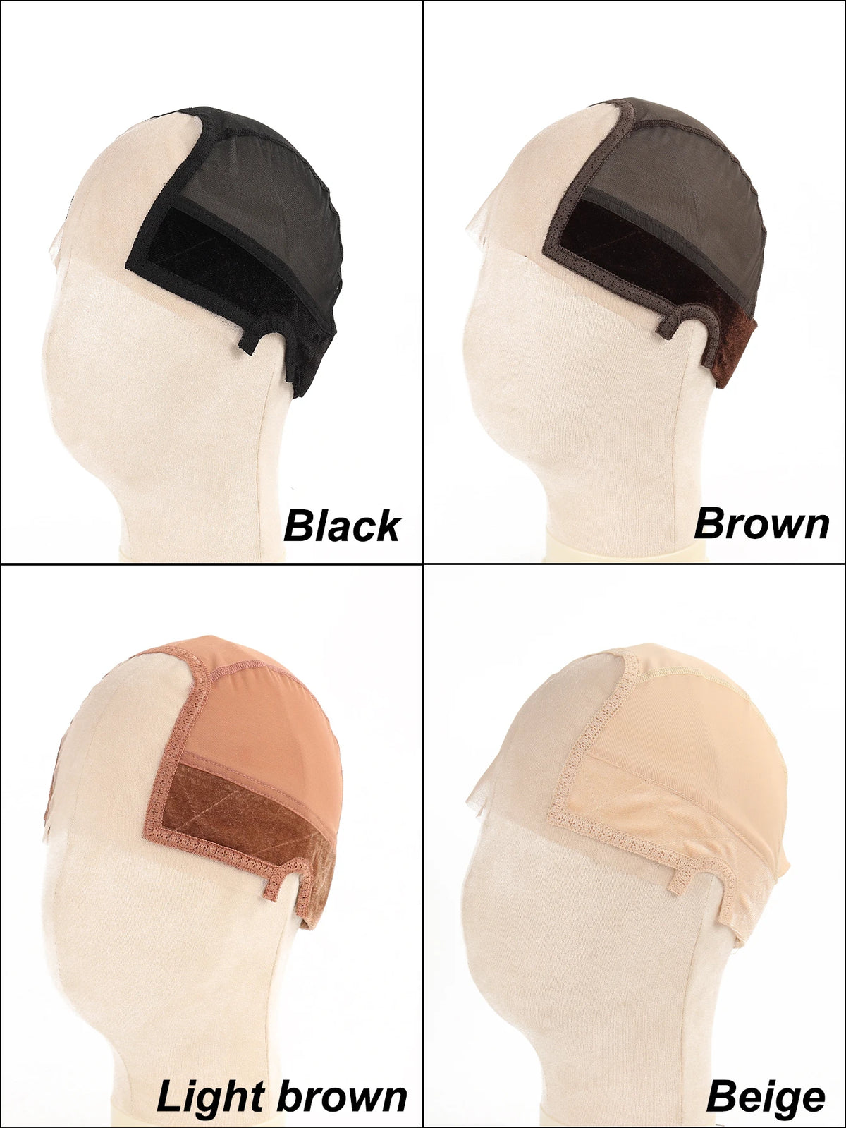 Four variations of an adjustable velvet headband wig cap shown in black, brown, light brown, and beige.