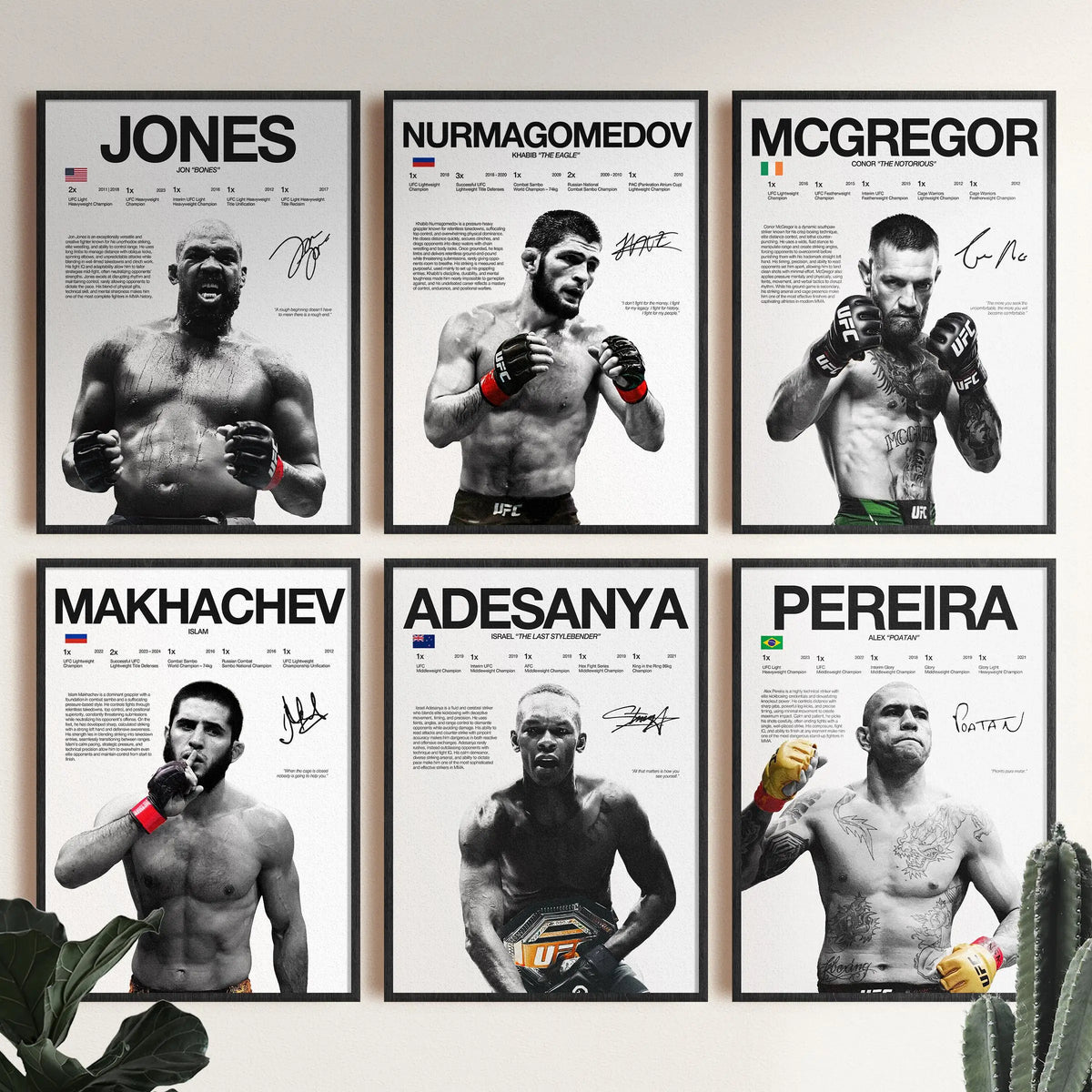A set of six canvas art prints featuring portraits of various UFC fighters like Jones, Nurmagomedov, McGregor, Makhachev, Ade
