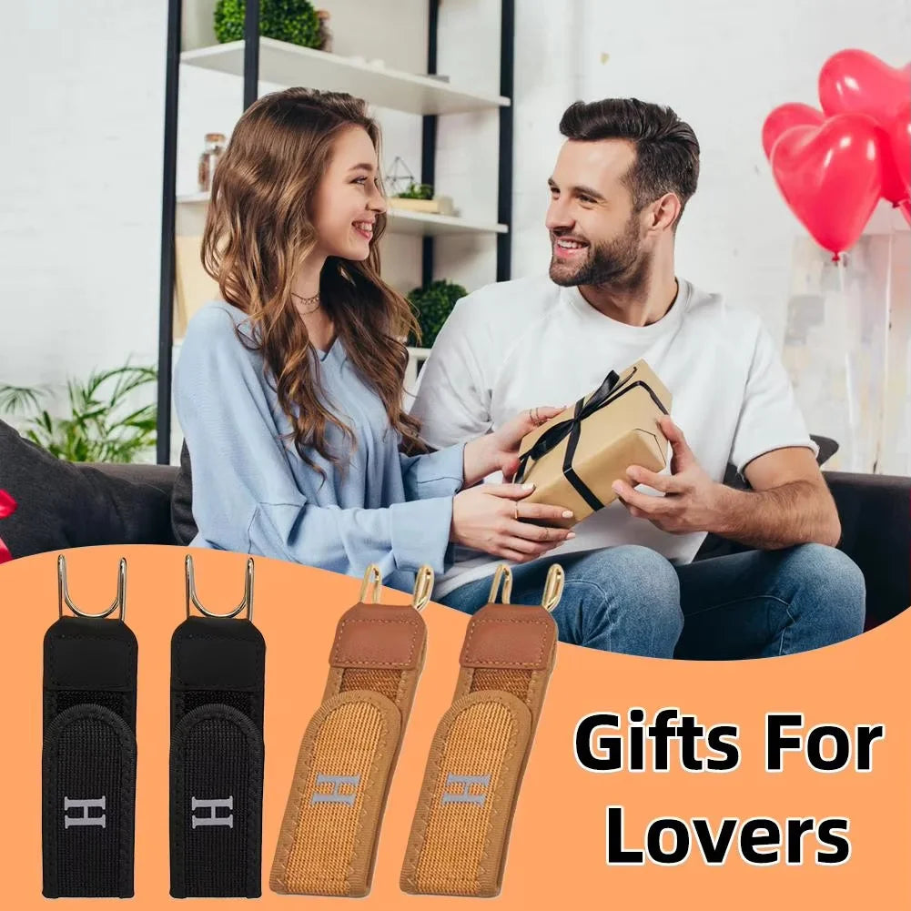 Four brown adjustable buckleless belts displayed in an orange background for gifts for lovers