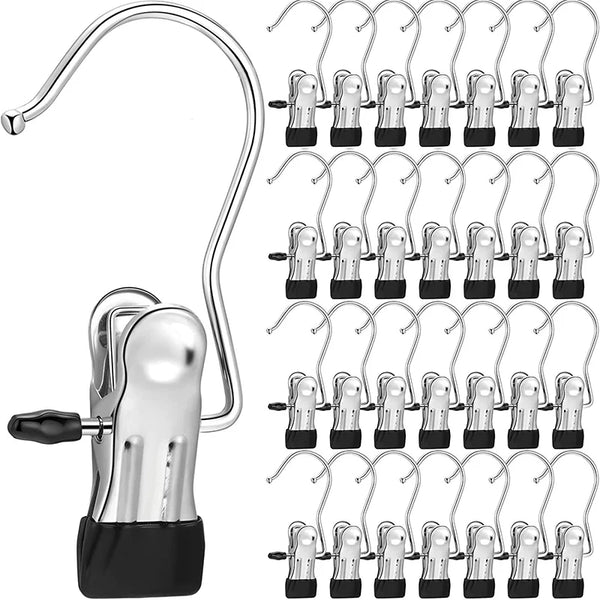 Stainless steel clothespin set with black handles for laundry and organization