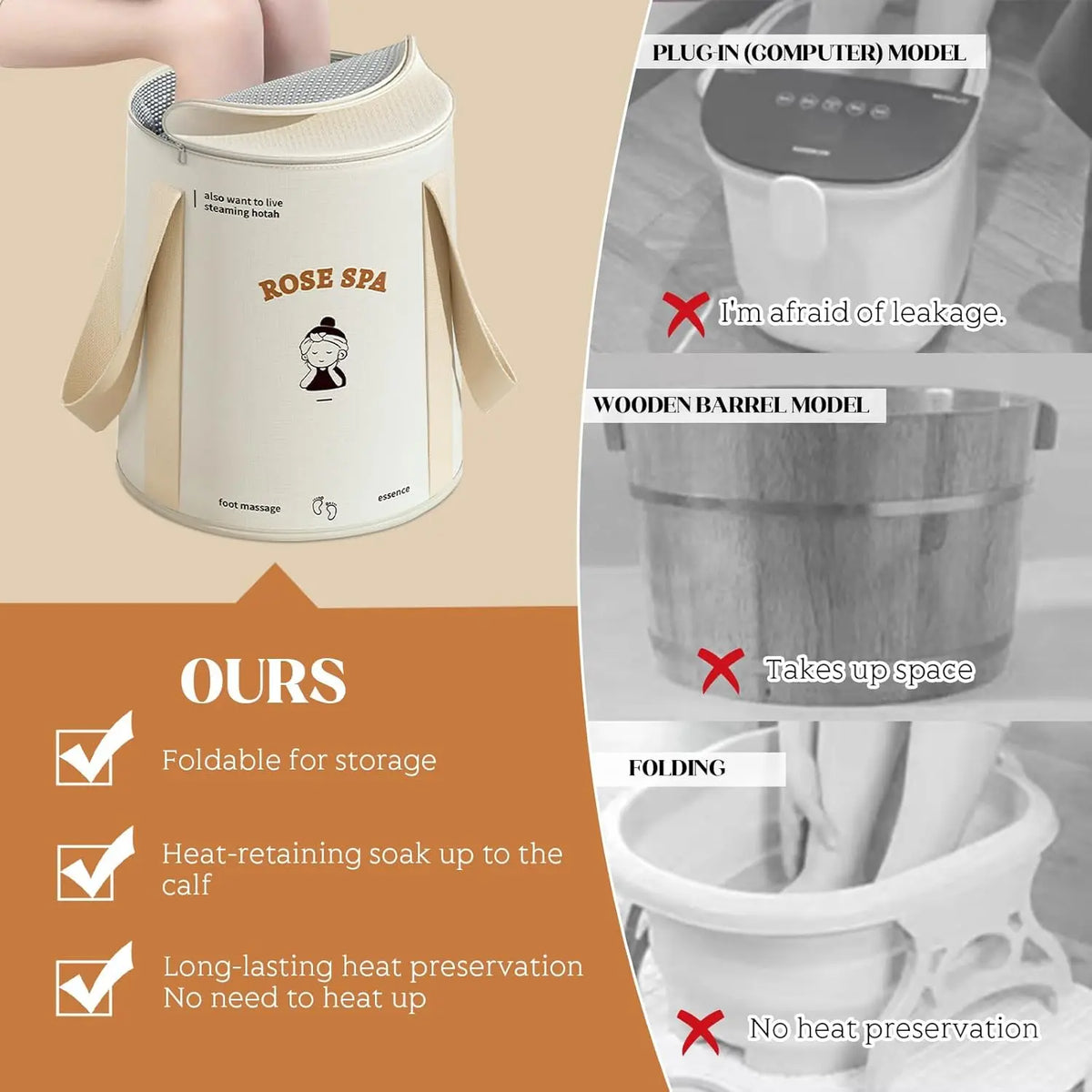 A foldable aluminum foot bath bucket with a rose spa design shown in various contexts.