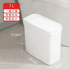 White slim bathroom trash can with a press lid shown in a side view.