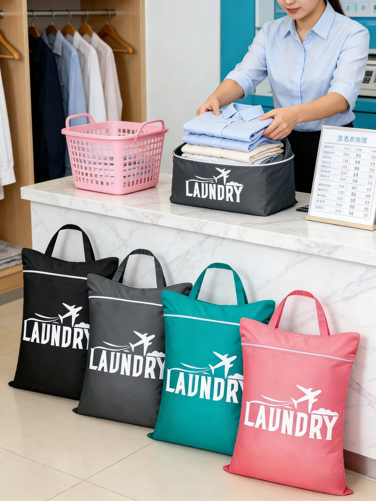 A woman is holding a laundry bag filled with folded clothes, next to several fabric laundry bags on a counter.