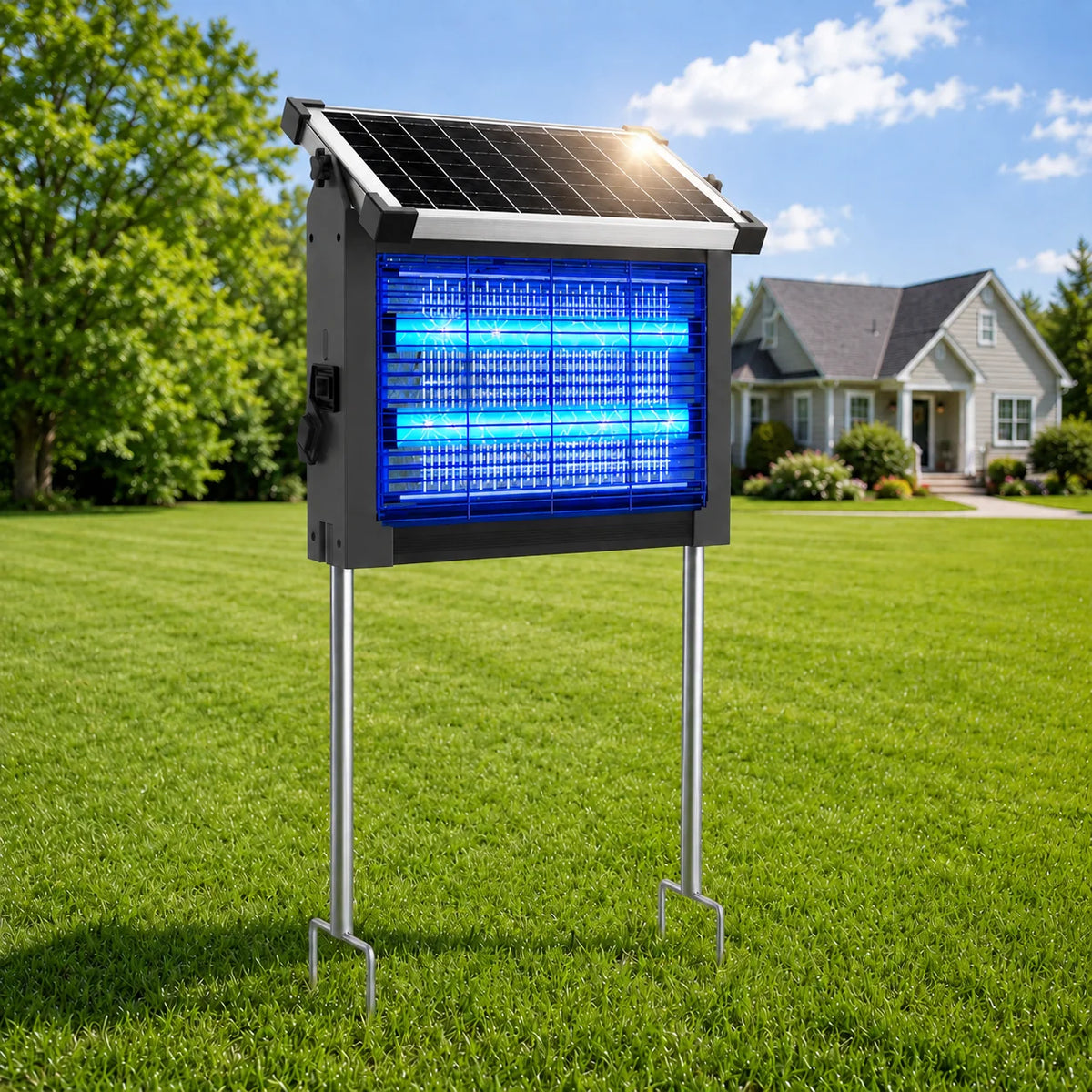 Solar-Bug-Zapper mit Solarmodul und blauem LED-Licht auf Metallständer im Rasen
