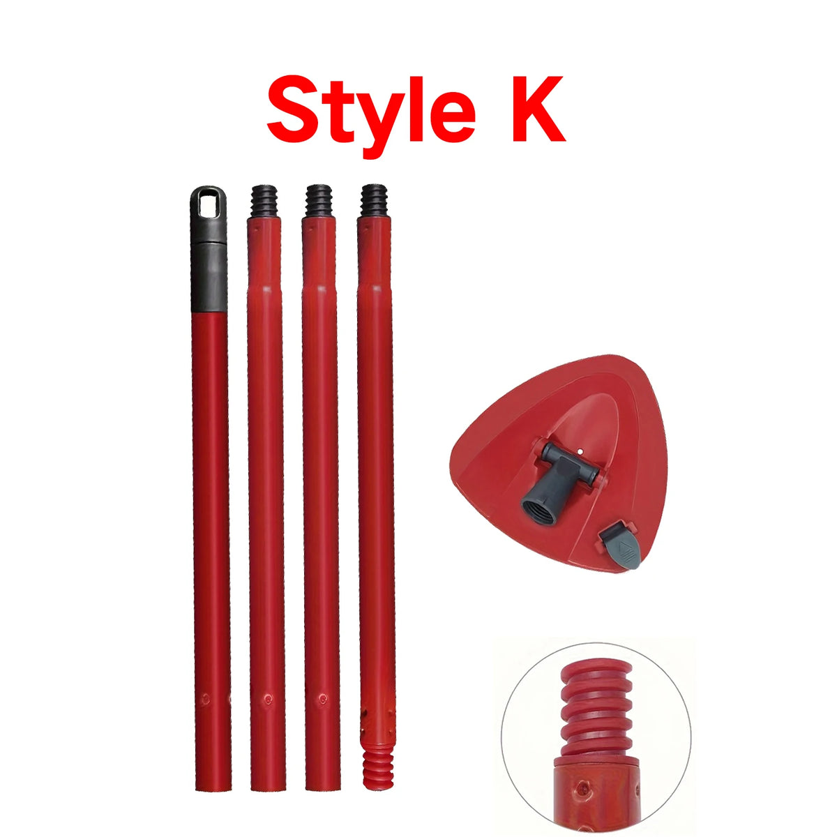 Red Style K mop handle and base set with various attachments shown in a vertical arrangement and close-up.