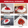 Red microfiber mop heads used for cleaning floor crevices, under tables, car surfaces, and corners.