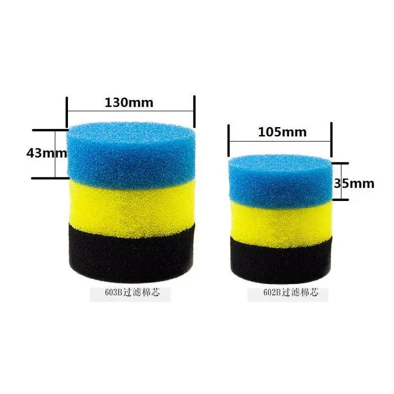 Two cylindrical filter media samples, one blue and one yellow, shown with dimension lines.