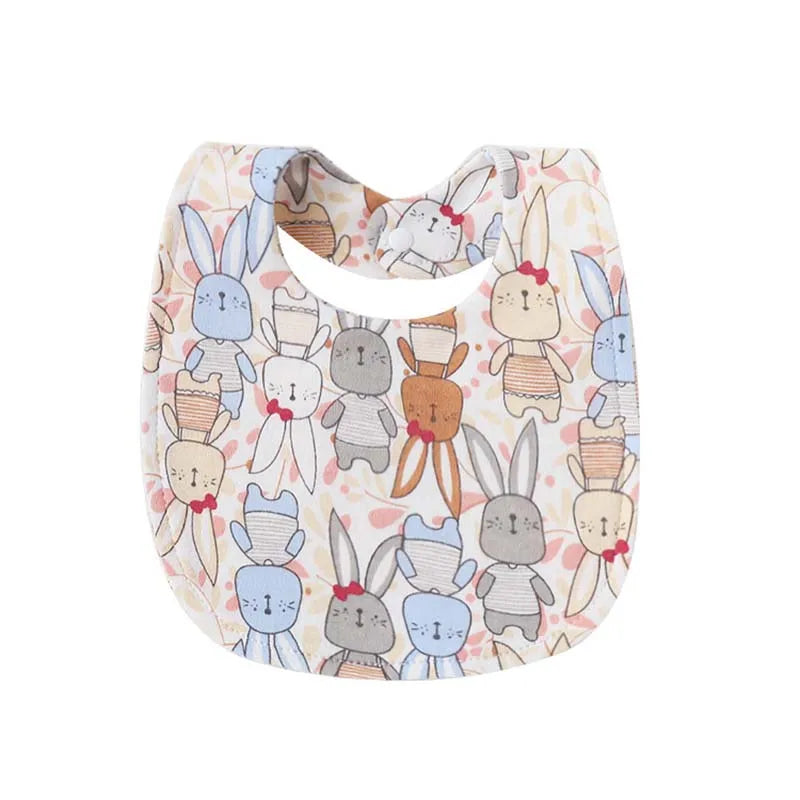 A pack of four soft cotton baby bibs featuring cute bunny prints on a light background.