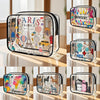 A set of clear acrylic cosmetic and storage pouches featuring various themed designs like Paris, chargers, nurse, and animal 