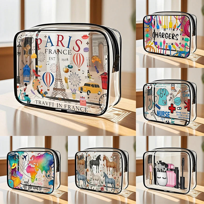 A set of clear acrylic cosmetic and storage pouches featuring various themed designs like Paris, chargers, nurse, and animal 