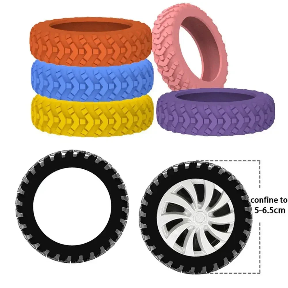 Eight silicone luggage wheel protectors in various colors stacked and a tire and rim assembly shown.