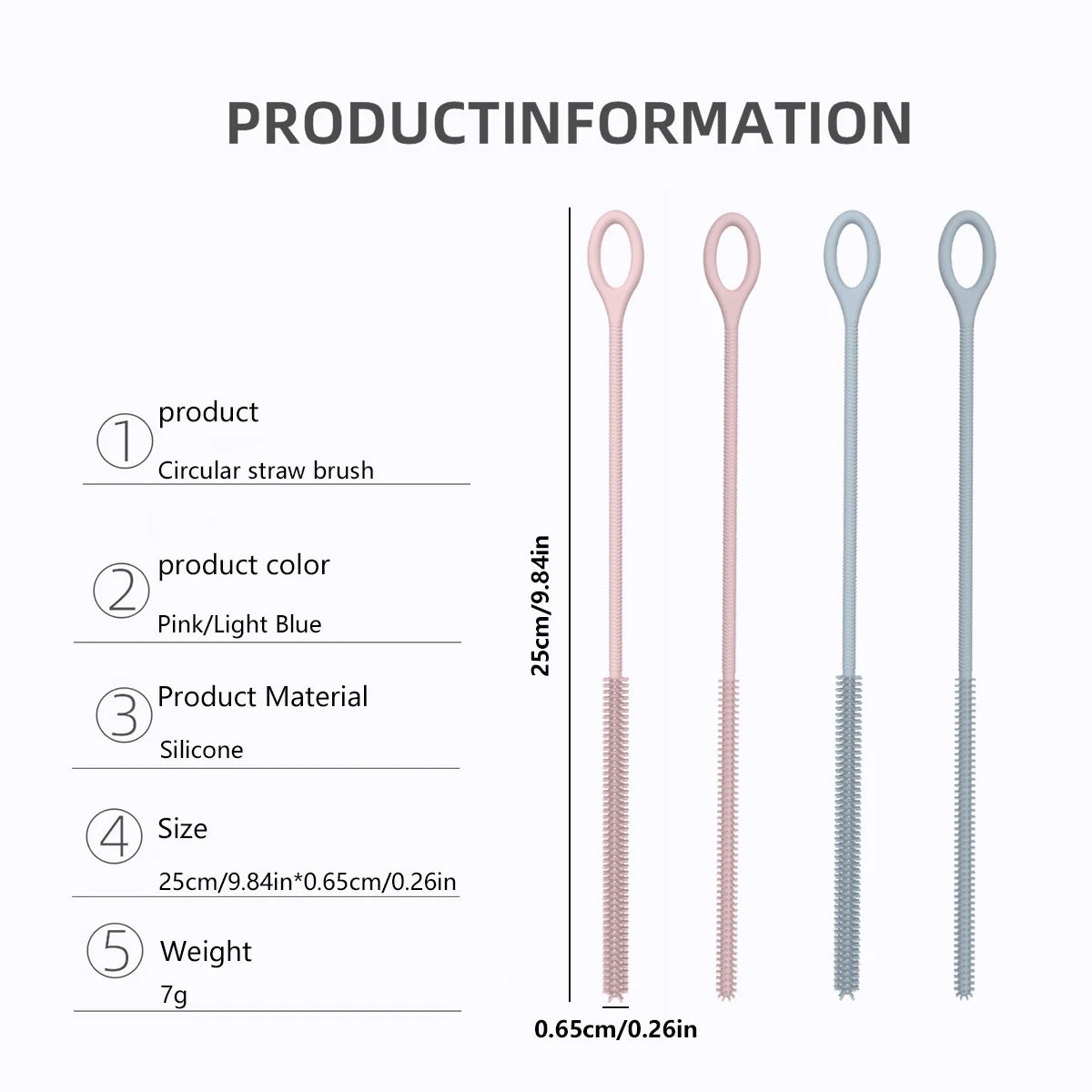 Product information showing a pink and blue silicone circular straw brush with details on size and weight.
