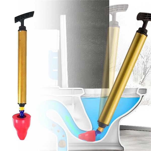 A gold and blue high-pressure toilet plunger is shown inserted into a white porcelain toilet bowl.